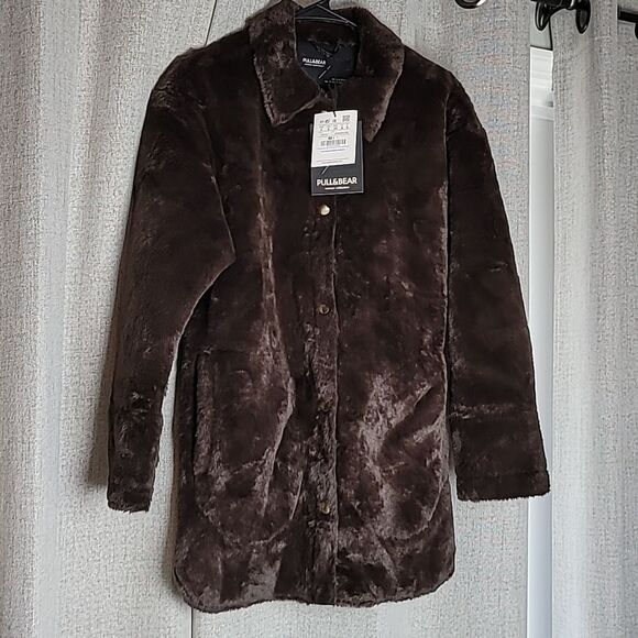 NWT ASOS Pull&Bear faux fur jacket with poppers in chocolate Size Small - Picture 6 of 10